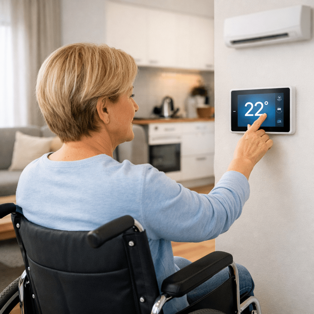 Personne à mobilité réduite utilisant un système de climatisation connecté avec thermostat mural intelligent dans un logement adapté en Suisse romande.