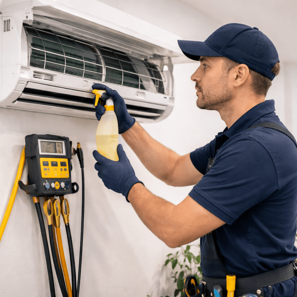 Technicien réalisant la maintenance et le nettoyage d’un climatiseur mural résidentiel pour garantir performance et qualité de l’air intérieur en Suisse romande.