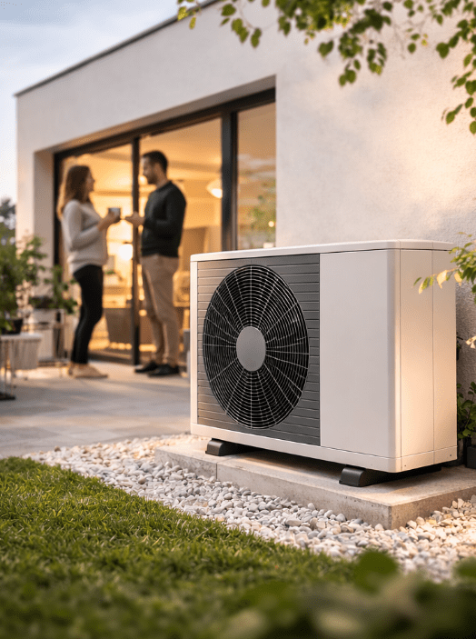 Pompe à chaleur air-eau installée devant une maison moderne en Suisse romande pour un chauffage écologique et économique toute l’année.