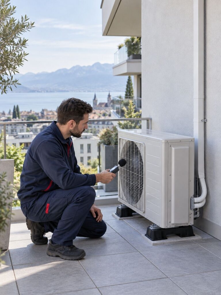 Technicien Techclima contrôlant le niveau sonore d’une unité extérieure de climatisation en Suisse romande