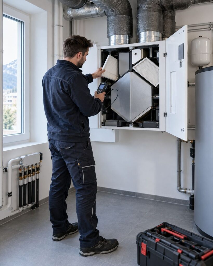 Technicien contrôlant les filtres d’une ventilation double flux avec récupération de chaleur